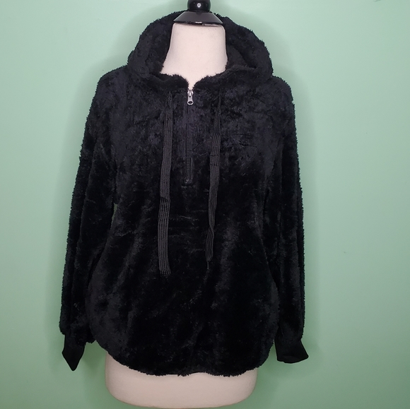 Black Fuzzy Hoodie Pullover Sweatshirt - Picture 2 of 7